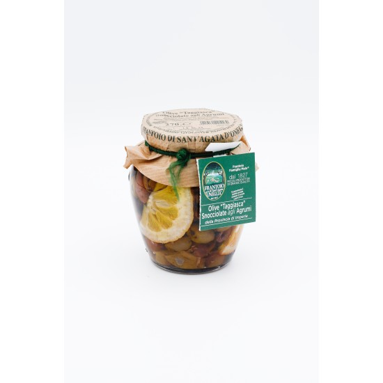 Alyvuogės (be kauliuku) alyvuogių aliejuje su citrinomis 270g Alyvuogės (be kauliuku) alyvuogių aliejuje su citrinomis 270g
